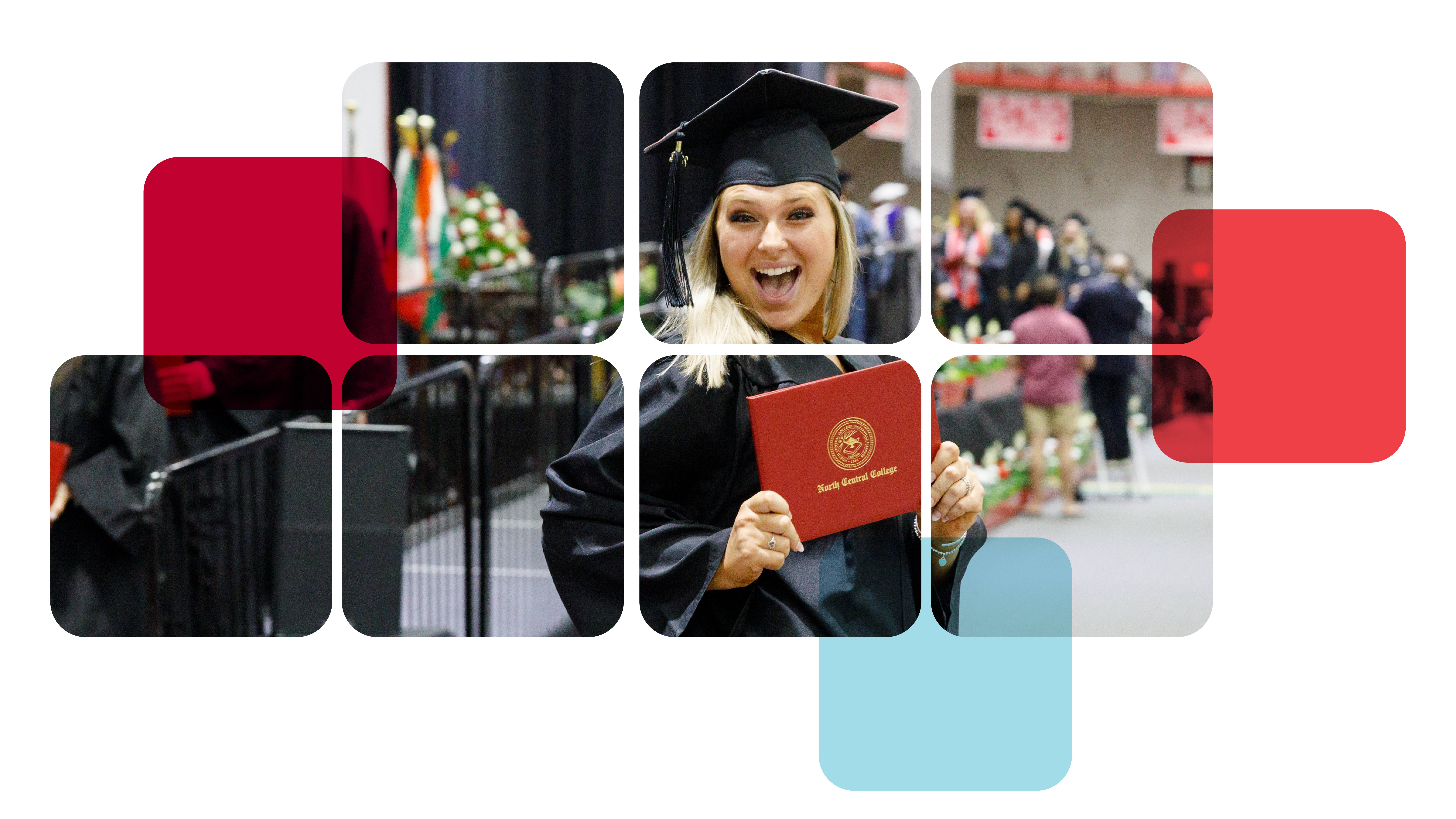 Student smiling at the camera during graduation on a grid background