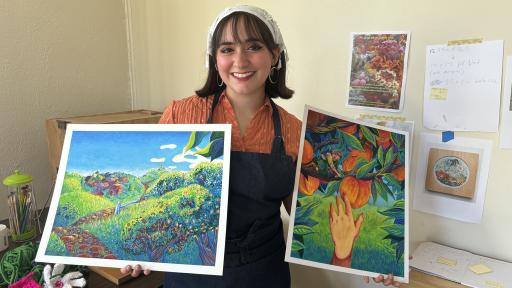 Andrea Peguero Gonzalez displays two of her paintings.