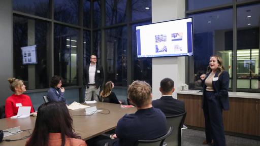 A North Central College student giving a presentation.