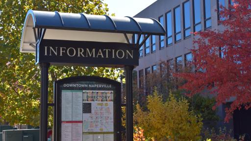 A photo of a Downtown Naperville directory on a fall day.